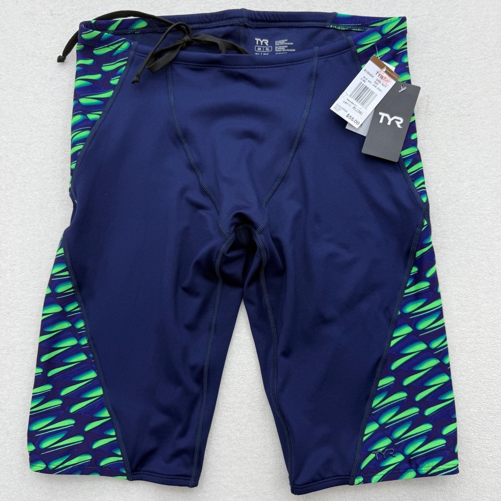 TYR Mens XL (38) Durafast‎ Elite Dragonflyte Jammer Swimsuit Navy Green Training